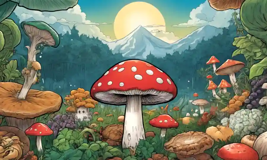 Un hongo creciendo en medio de un telón de fondo de cadenas y gráficos de alimentos.