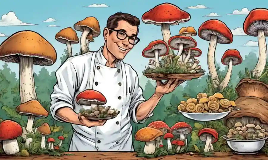 Un experto culinario que sostiene varios tipos de hongos para diferentes platos.