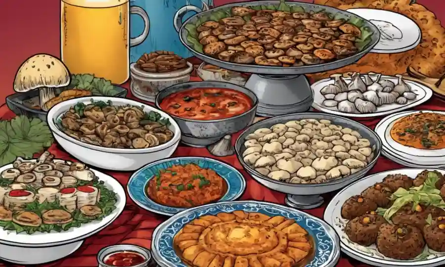 Setas exhibidas junto a diversos platos culturales de diferentes cocinas, destacando su importancia en las tradiciones culinarias.