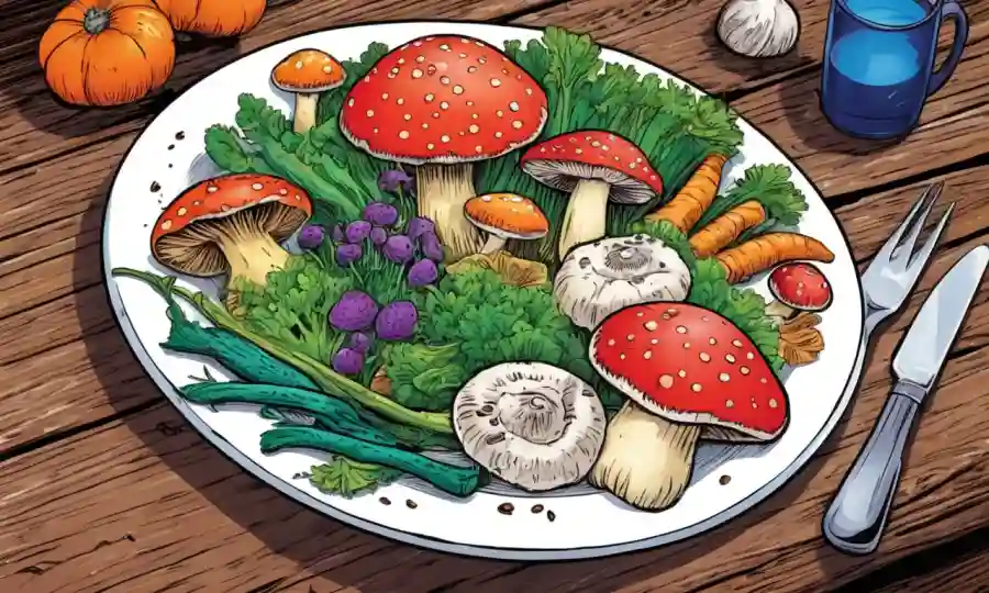 Un plato de hongos coloridos junto con verduras frescas en una mesa de madera.