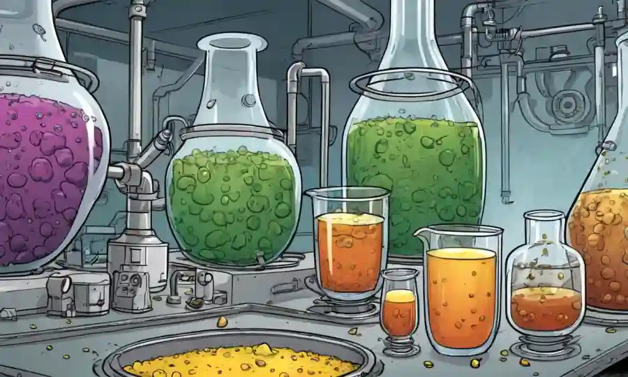 Microorganismos en calzoncillos rodeados de equipos de fermentación para la elaboración de ingredientes.