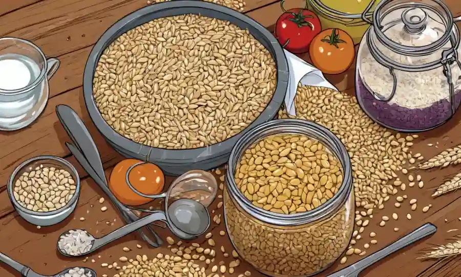 Vitaminas y granos fermentando junto con utensilios cercanos.