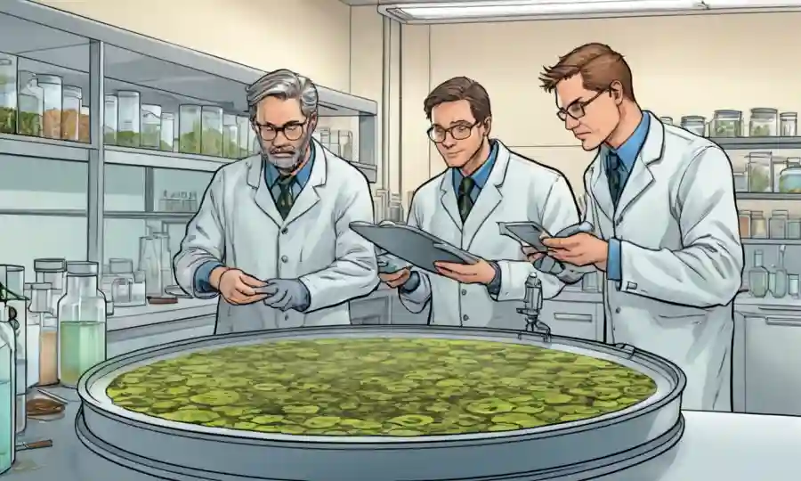 Investigadores que analizan el plato petri de crecimiento de hongos en un entorno de laboratorio agrícola sostenible.
