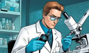 Científico examinando diapositivas de microscopio en medio del equipo médico moderno.