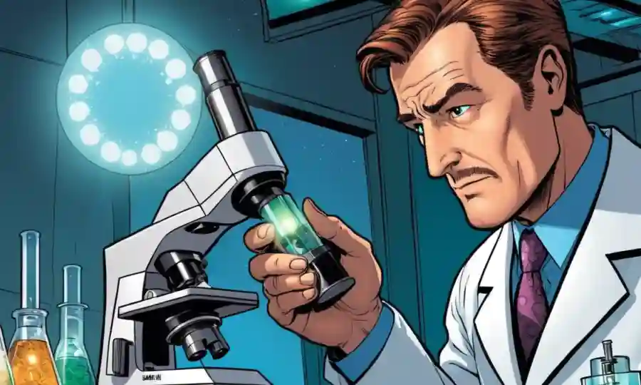 Un médico mirando una diapositiva de microscopio bajo iluminación de laboratorio.