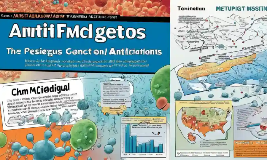 Título de texto en una cubierta de diapositivas o libros destacando medicamentos antifungales con gráficos o gráficos que muestran datos de investigación.