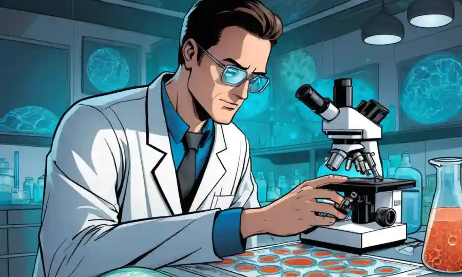Científico examinando microorganismos bajo microscopio en medio de diagramas y equipos de laboratorio, con conceptos futuristas emergentes de platos Petri.