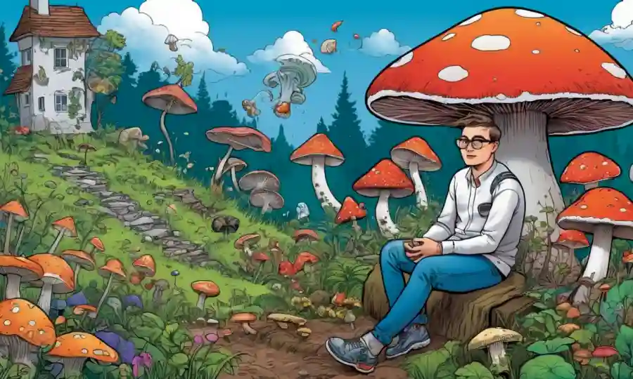 Persona sentada en la naturaleza, con varios hongos creciendo detrás de ellos, rodeado de símbolos de salud e innovación.