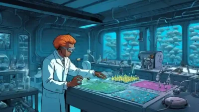 Científico estudiando muestras de hongos en un laboratorio futurista.
