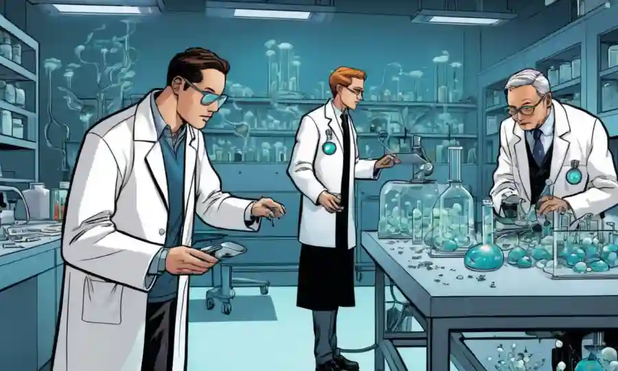 Investigadores que estudian culturas de hongos en un laboratorio con equipos futuristas y abrigos blancos.