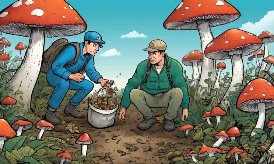 Persona coleccionando hongos en medio de preocupaciones morales sobre el impacto ambiental.