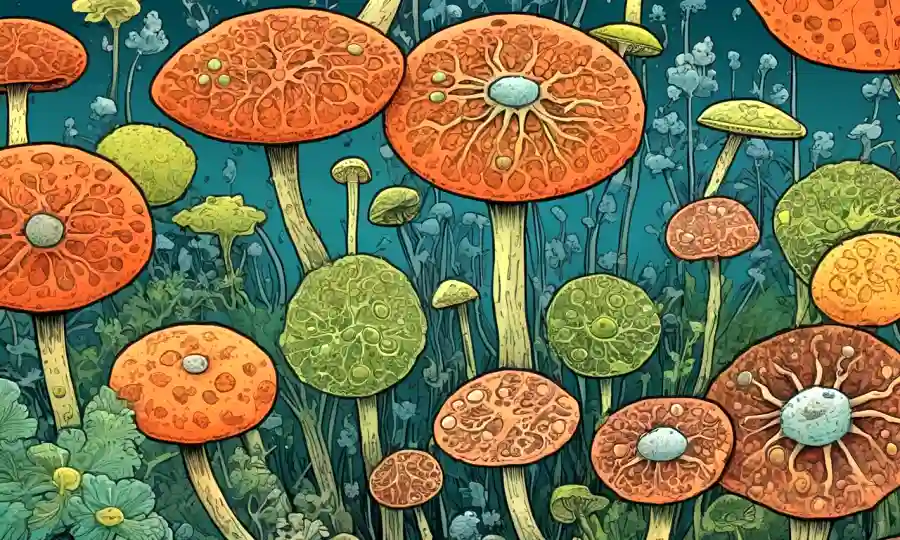 hongos microscópicos interactuando con células vegetales para beneficios mutuos.