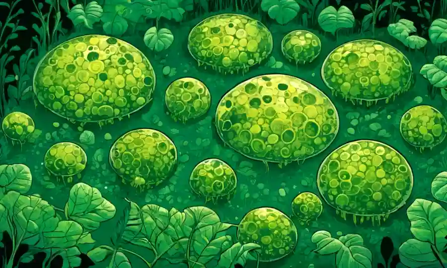 Microorganismos creciendo dentro de las células vegetales, rodeados de vegetación, destacando relaciones simbióticas beneficiosas.