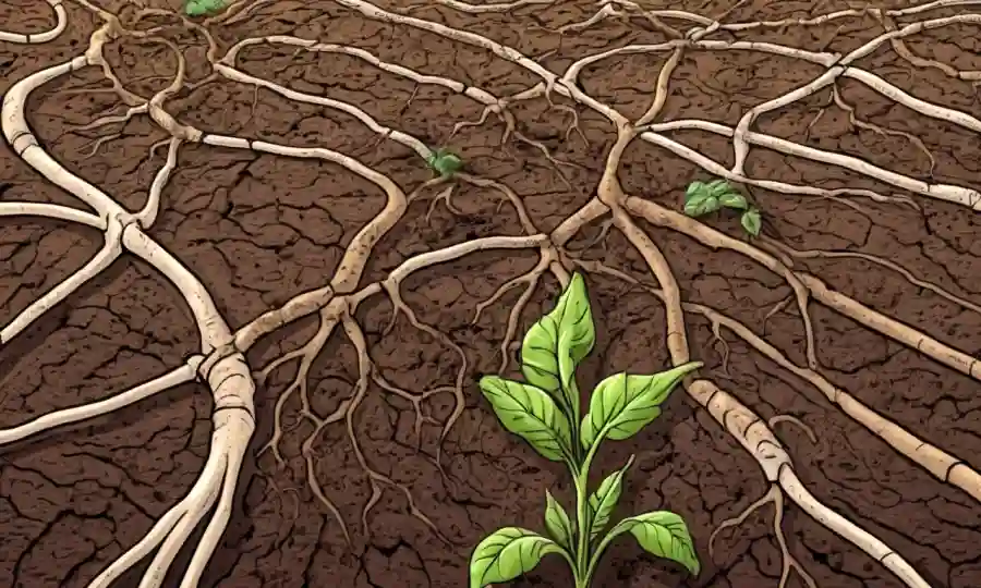 Micrograph of beneficial microorganisms coexisting with plant roots in soil amidst agricultural fields.
