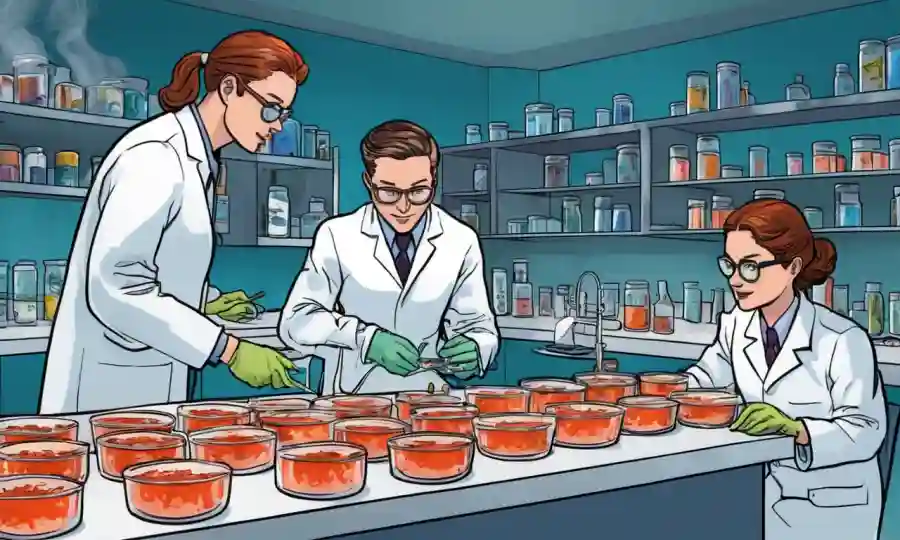 Becarios que estudian platos de petri de hongos en un laboratorio.