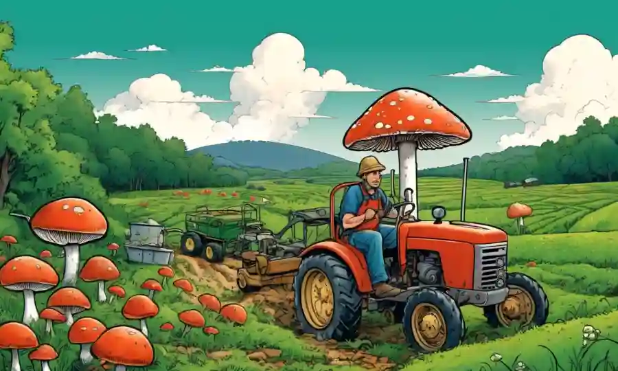 Un granjero de hongos en medio de equipos agrícolas sostenibles en un paisaje verde.