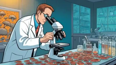 Un científico que estudia muestras de hongos bajo un microscopio en un laboratorio de investigación húmedo.