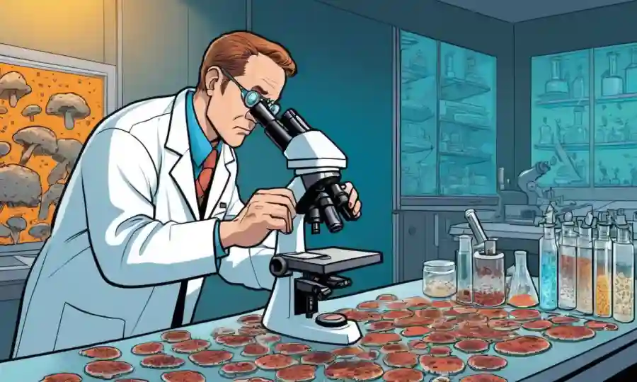 Un científico que estudia muestras de hongos bajo un microscopio en un laboratorio de investigación húmedo.