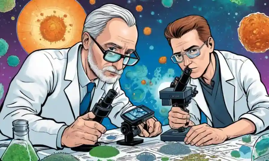 Un científico que estudia esporas microscópicas bajo un microscopio, rodeado de datos ambientales y gráficos climáticos.