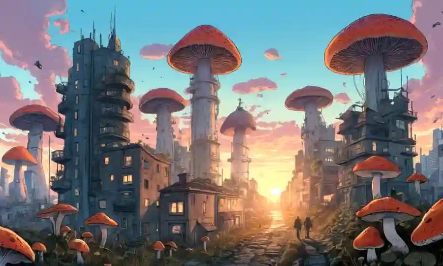 Un futurista paisaje urbano al amanecer con hongos creciendo fuera de los edificios, simbolizando su influencia en la salud mental y la sociedad.