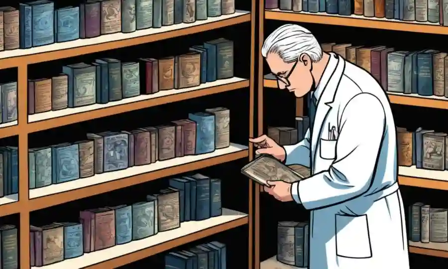 Científico examinando diapositivas de microscopio entre estantes de libros de derecho.
