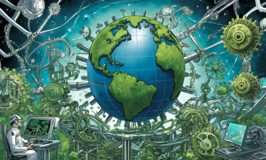 Planeta Verde Tierra con engranajes, gráficos y equipo de laboratorio de investigación superpuesto, rodeando estructuras moleculares similares a Escher.