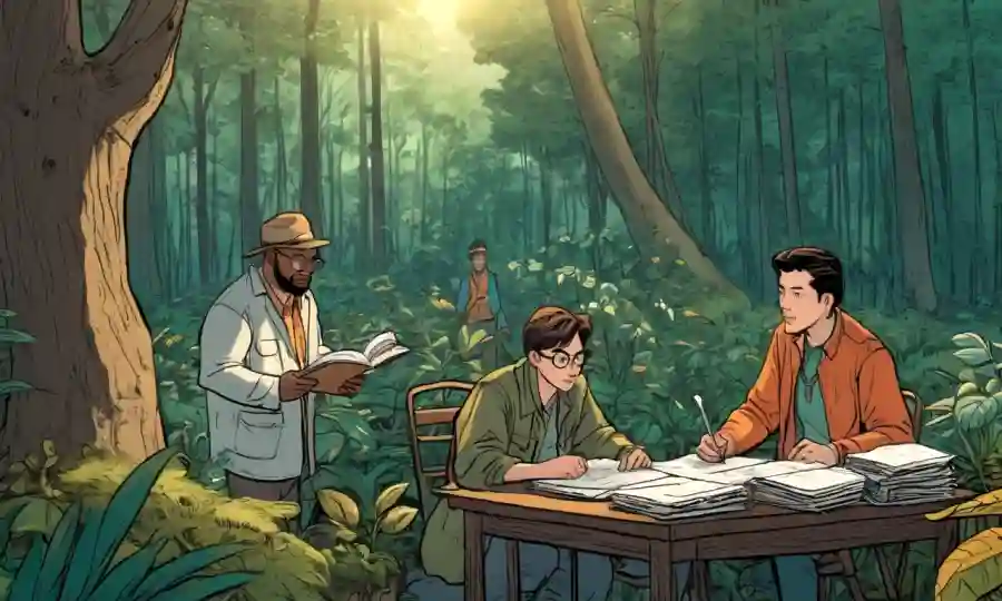 Becarios que estudian plantas de fondo forestal, rodeados de documentos educativos.