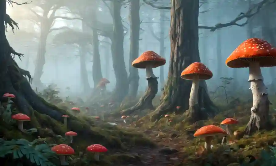 Bosques costeros con niebla malvada y árboles antiguos teemiendo con setas coloridas.