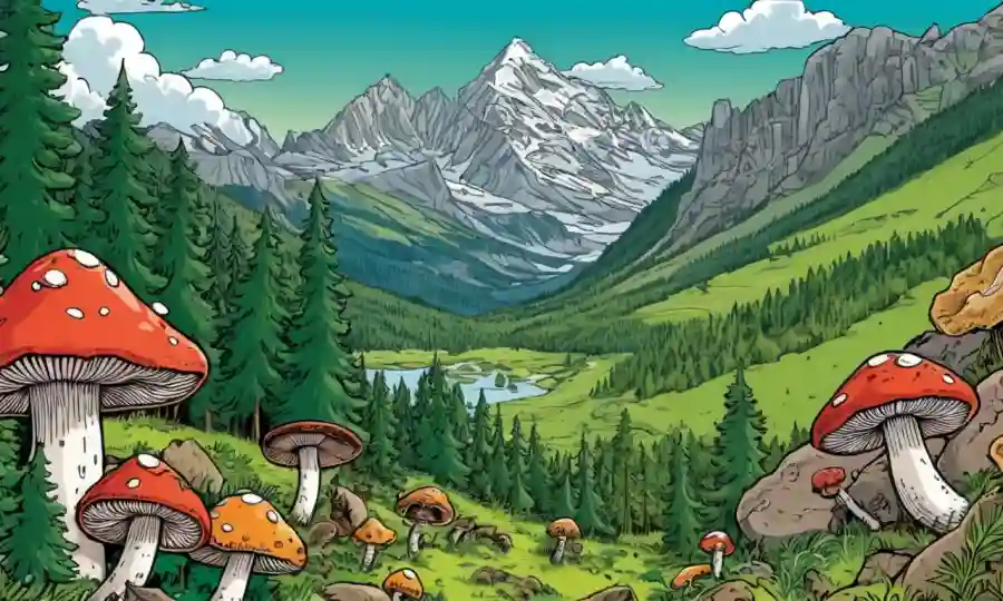 Las Montañas Rocosas con exuberantes bosques verdes y diversas setas.