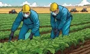 Los agricultores que usan equipo protector trabajando en un campo plagado de pesticidas.