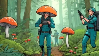 Los conservacionistas recolectan hongos en un bosque exuberante con engranaje protector.