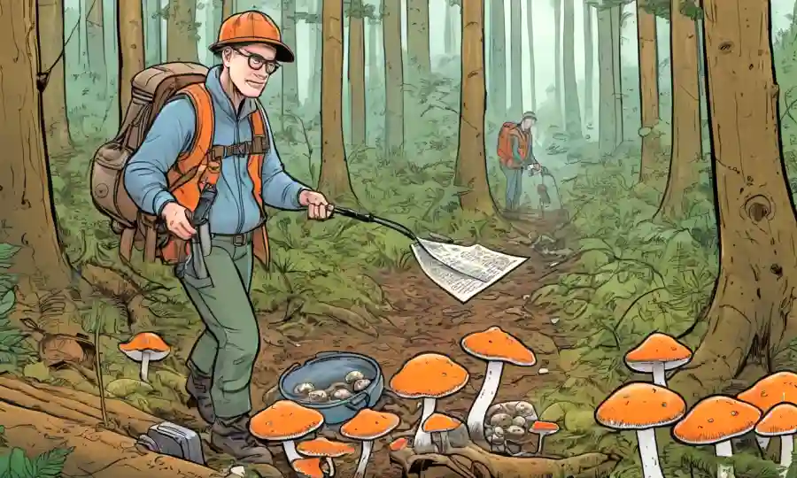 Un naturalista recolectando hongos en un bosque, con equipos de conservación y notas.