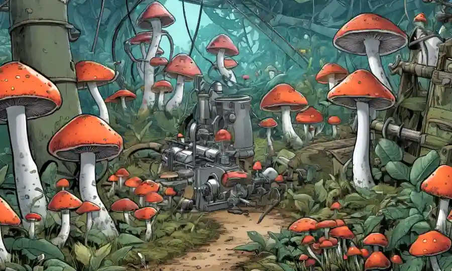 Setas creciendo en medio de equipos e investigadores que estudian métodos de ecología de hongos.