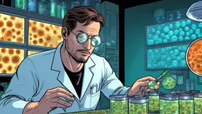 Microbiólogo que examina los platos petri bajo microscopio en medio de muestras fúngicas.