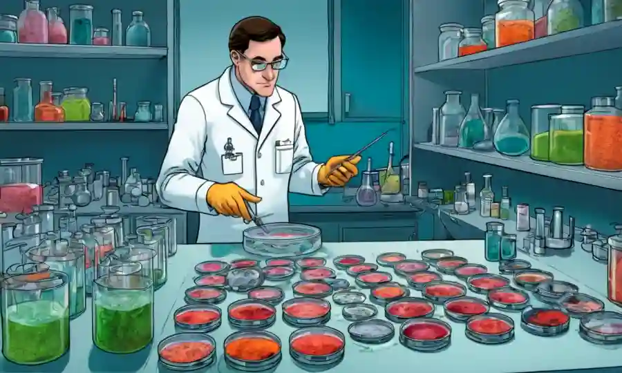 Microbiólogo que examina los platos petri en un entorno de laboratorio, con diversas culturas e instrumentos fungosos cercanos.