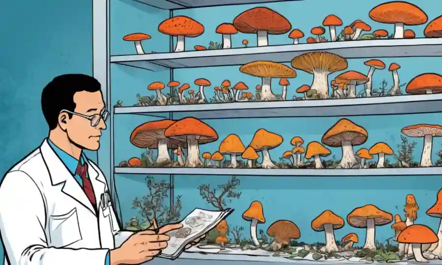 Un micólogo que estudia hongos utilizando varios métodos de identificación basados en morfología en un entorno de laboratorio.
