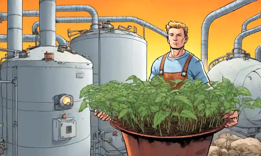 Material de planta de tenencia de la persona cerca de bobinas de calefacción o ventiladores con tanques de fermentación de fondo.