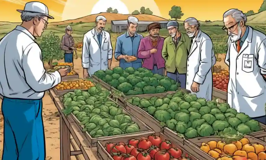 Un grupo de agricultores o científicos que observan diversos métodos para secar frutas o verduras en una zona soleada cálida.