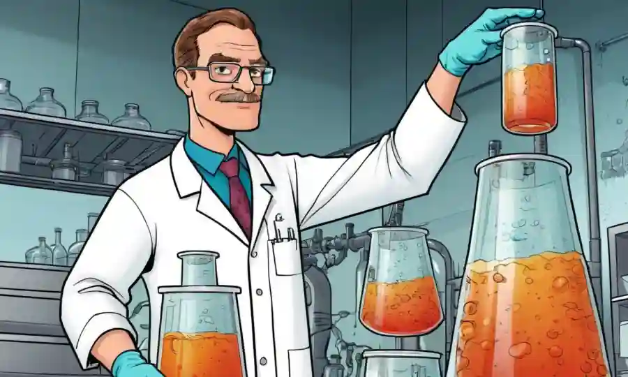 Un científico de fermentación que sostiene un beaker delante del equipo con métodos de secado mostrados.