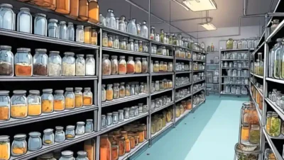 Equipo científico y vatas de fermentación con diversos métodos de secado mostrados en estantes.