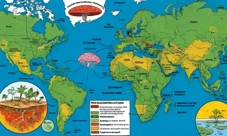 Un diagrama que muestra diferentes factores que contribuyen al riesgo de infecciones fúngicas en climas tropicales.