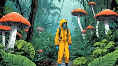 Una persona con equipo de lluvia de pie en medio de exuberante follaje tropical