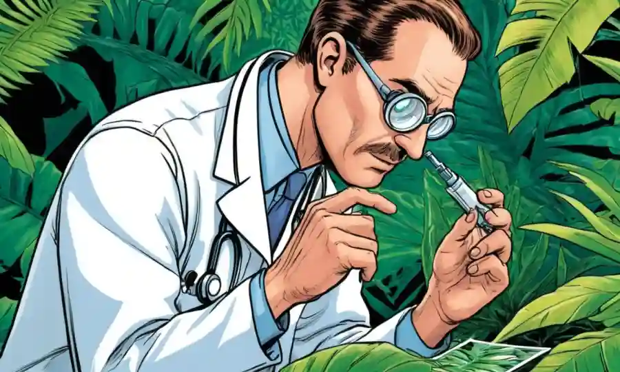 Un médico que examina una diapositiva de microscopio bajo follaje tropical.