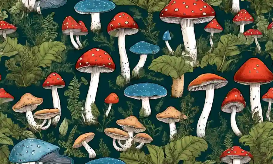 Ilustración científica de varias formas de hongos en un fondo botánico.
