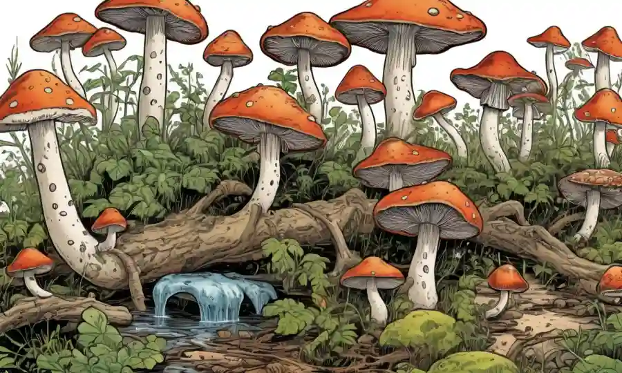 Mushrooms in various environments displaying morphological adaptations for decomposition processes.