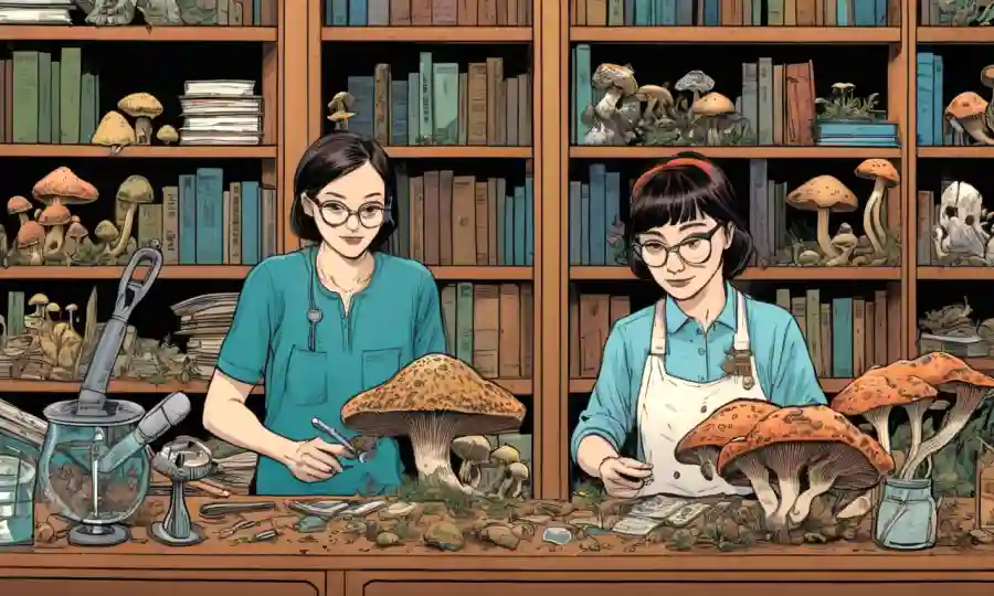 Imagen con micólogos femeninos que sostienen especímenes de hongos, rodeados de estanterías y herramientas de microscopía.