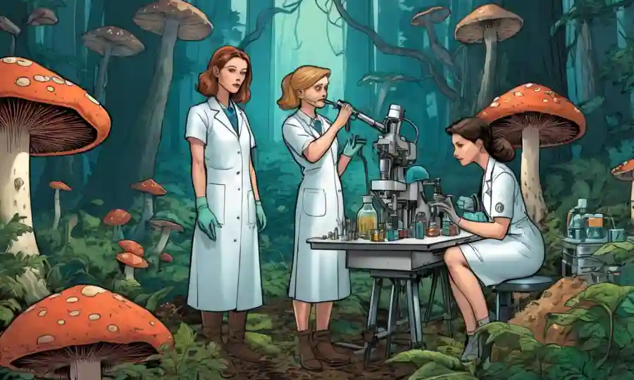 Mujeres científicas rodeadas de muestras de hongos y equipos de laboratorio