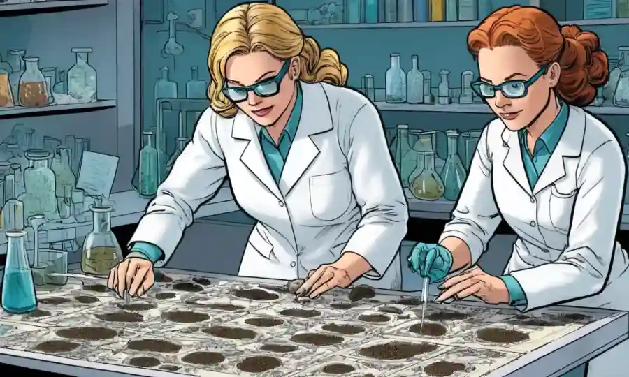 Mujeres científicas examinando hongos en un laboratorio, con un fondo de diapositivas y notas microscópicas.