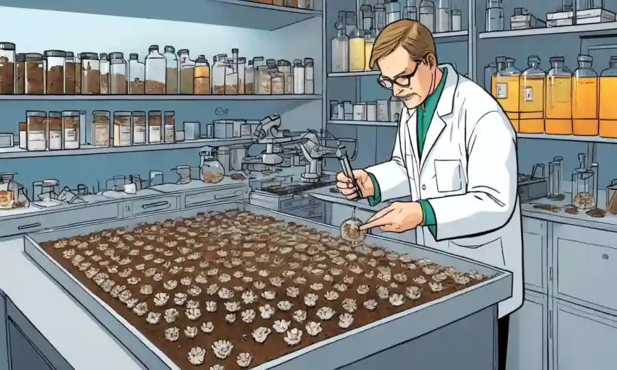 Científico examinando biomasa de hongos y muestras de suelo en un entorno de laboratorio.