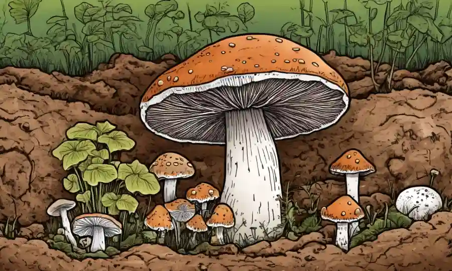 Componentes de biomasa basados en hongos y nutrientes ilustrados en una muestra de suelo o contorno de hongos.